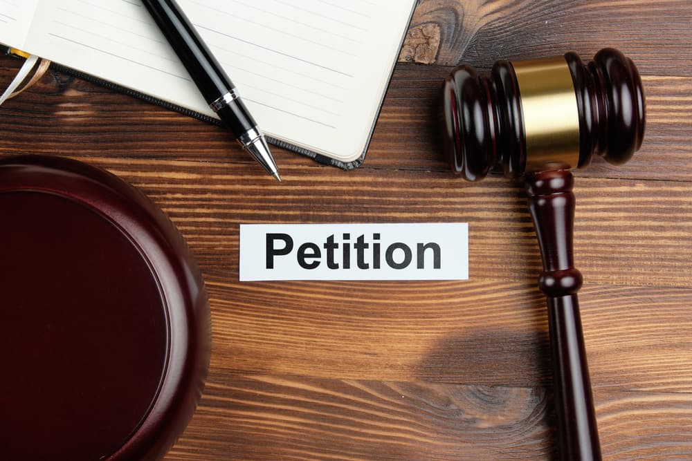 The concept involves a sticker with a judge's gavel and text related to a petition.
